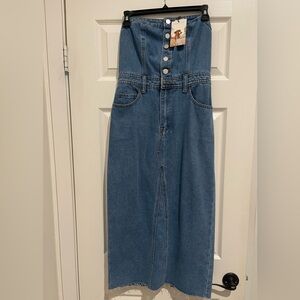 Strapless Button-Front Denim Midi Dress